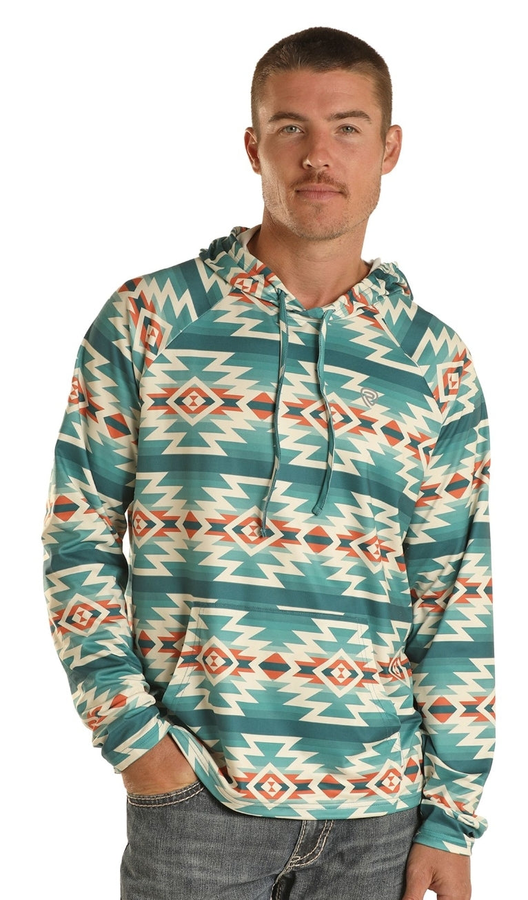 Rock & Roll Denim Teal Aztec Print Performance Hoodie