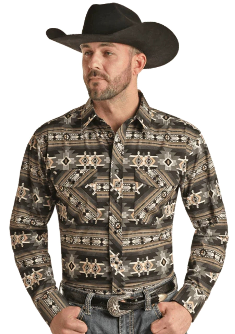 Panhandle Men's Steel Aztec Pearl Snap Shirt Slim Fit