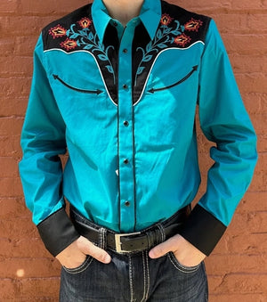 Men's Rock & Roll Teal Retro Embroidered Long Sleeve Pearl Snap