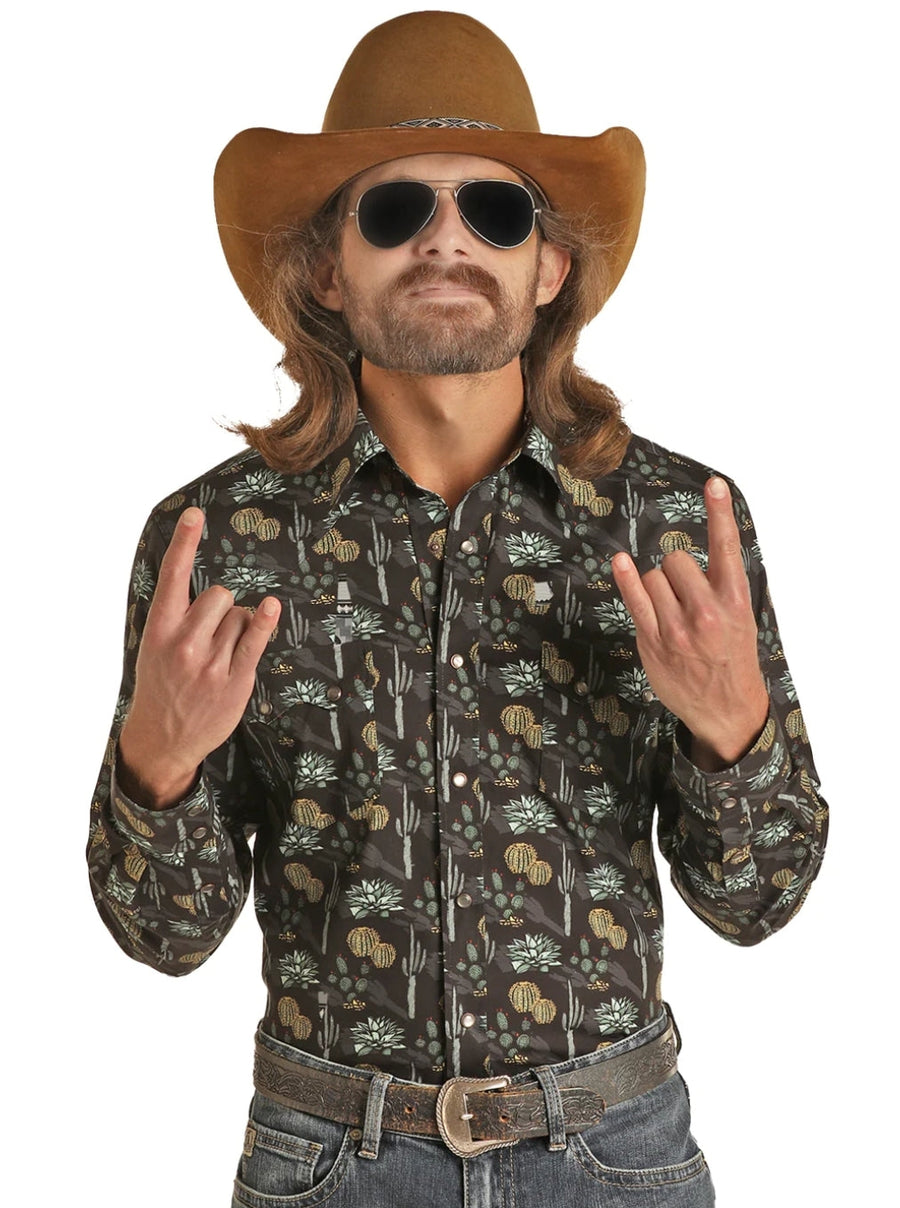 Mens Rock & Roll Dale Brisby Black Cactus Print Long Sleeve Pearl Snap