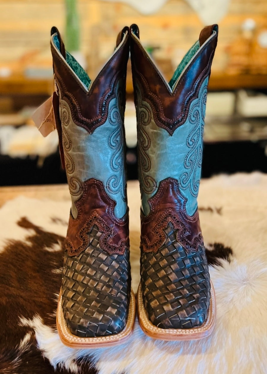 Corral Ladies Brown/Turquoise Embroidery & Woven Square Toe Boots