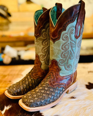 Corral Ladies Brown/Turquoise Embroidery & Woven Square Toe Boots